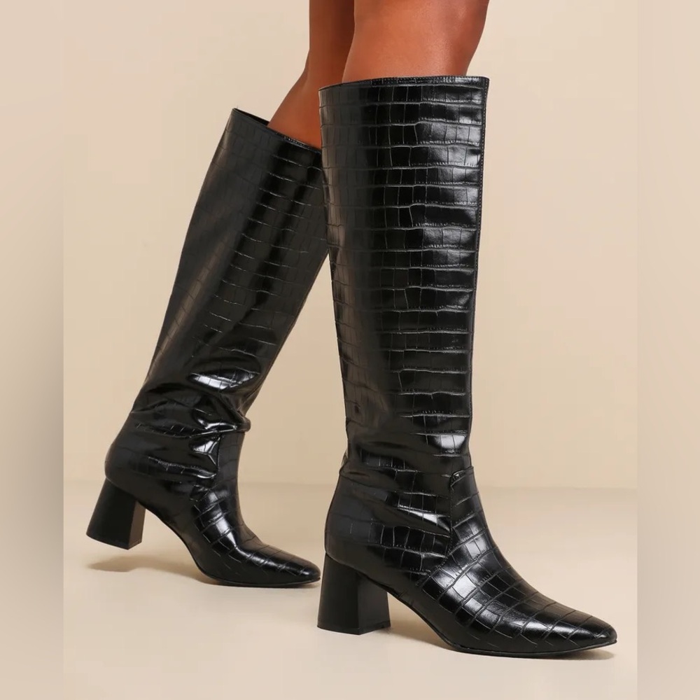 Lulus Bryson Black Crocodile-Embossed Knee-High Boots